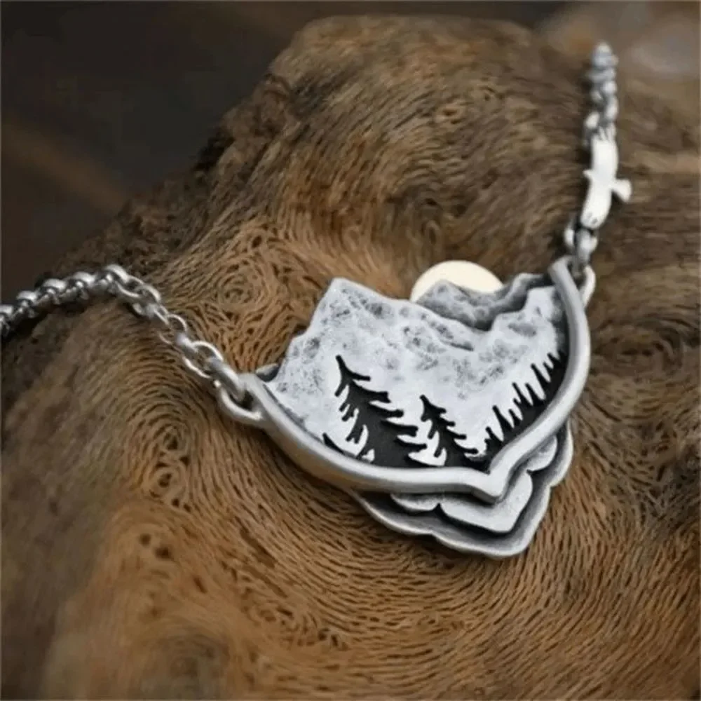 Silver Mountain Valley Pines Moon Sunset Boho Landscape Scalloped Necklace